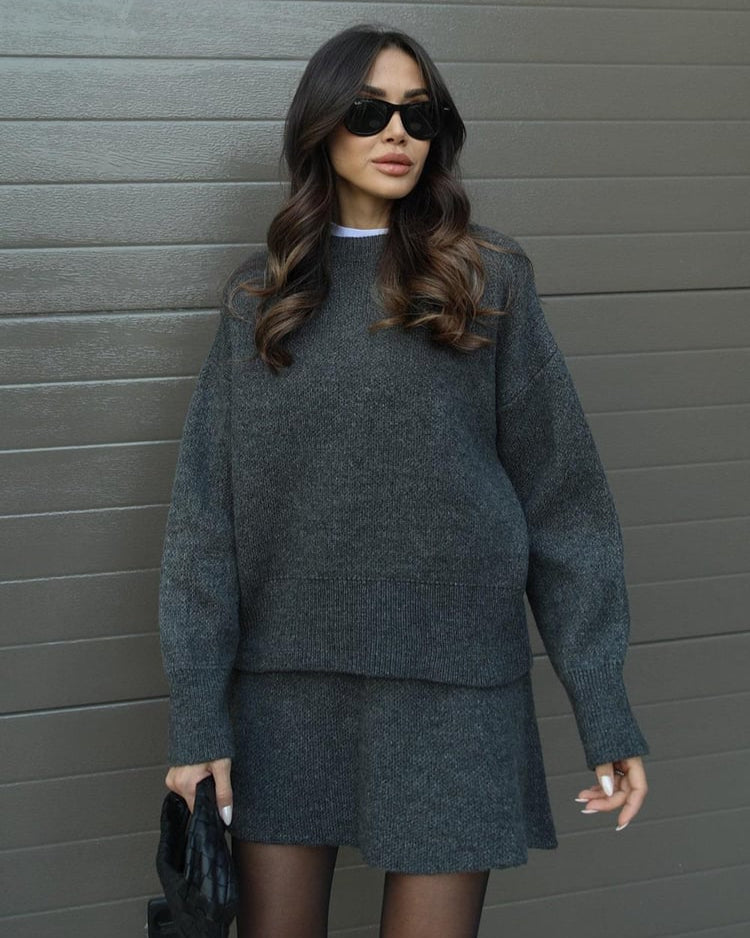 Crew Neck Oversized Knit Sweater and Mini Skirt Two Piece Set 19