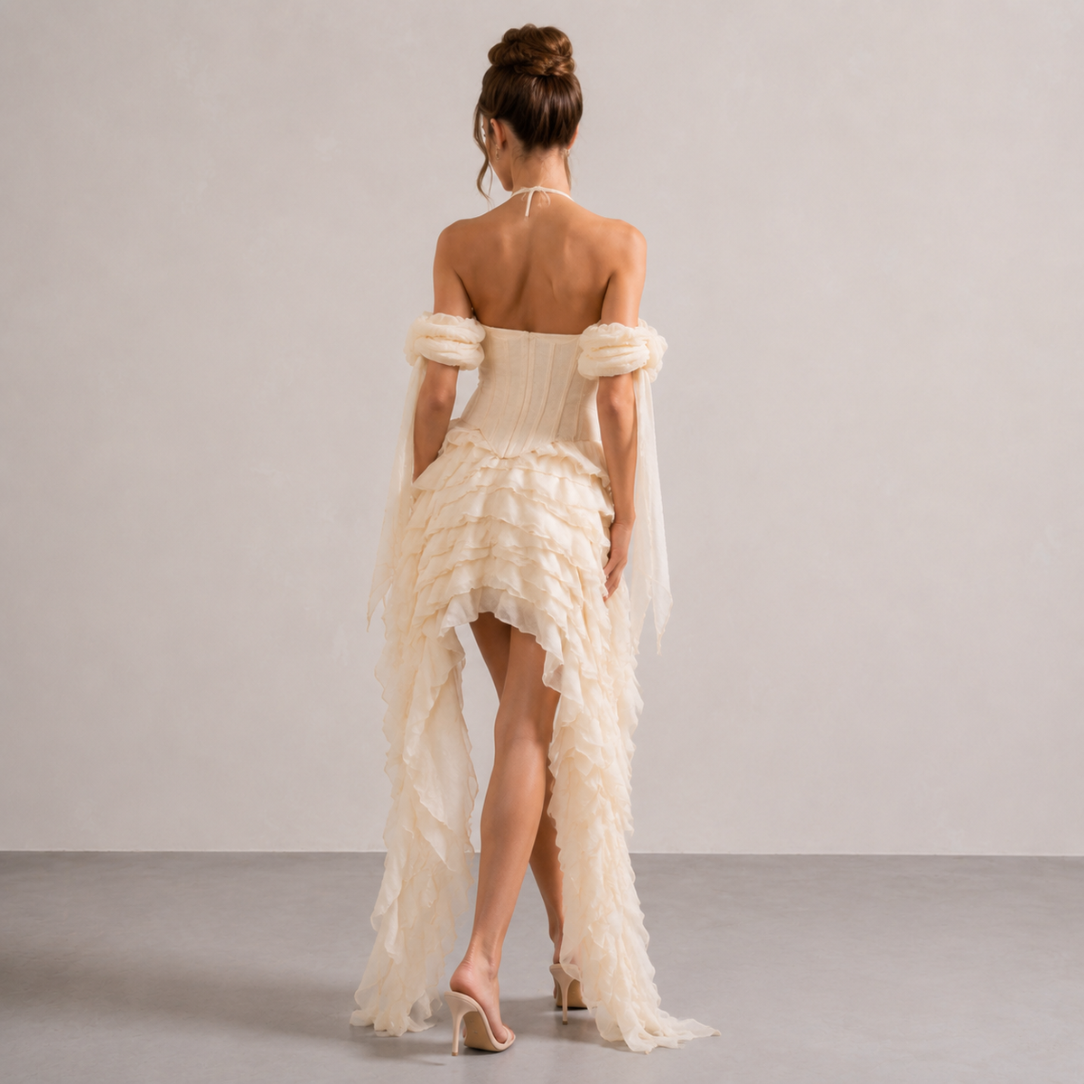 Halter Neck Off Shoulder Corset Ruffle High Low Maxi Dress 15