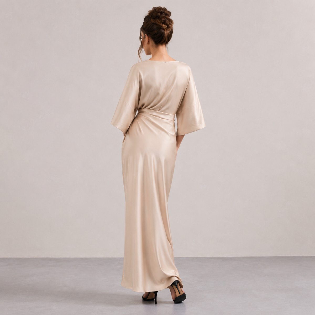 Round Neck Batwing Sleeve Brooch Ruched Satin Maxi Gown 12