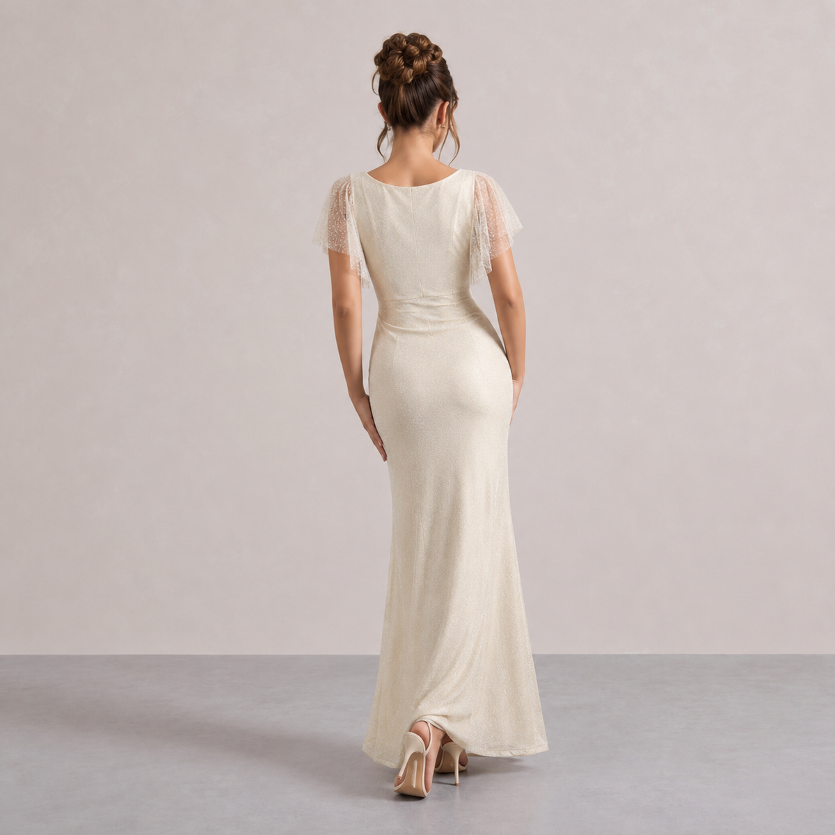 Sweetheart Flutter Sleeve Ruched High Split Glitter Maxi Gown 6