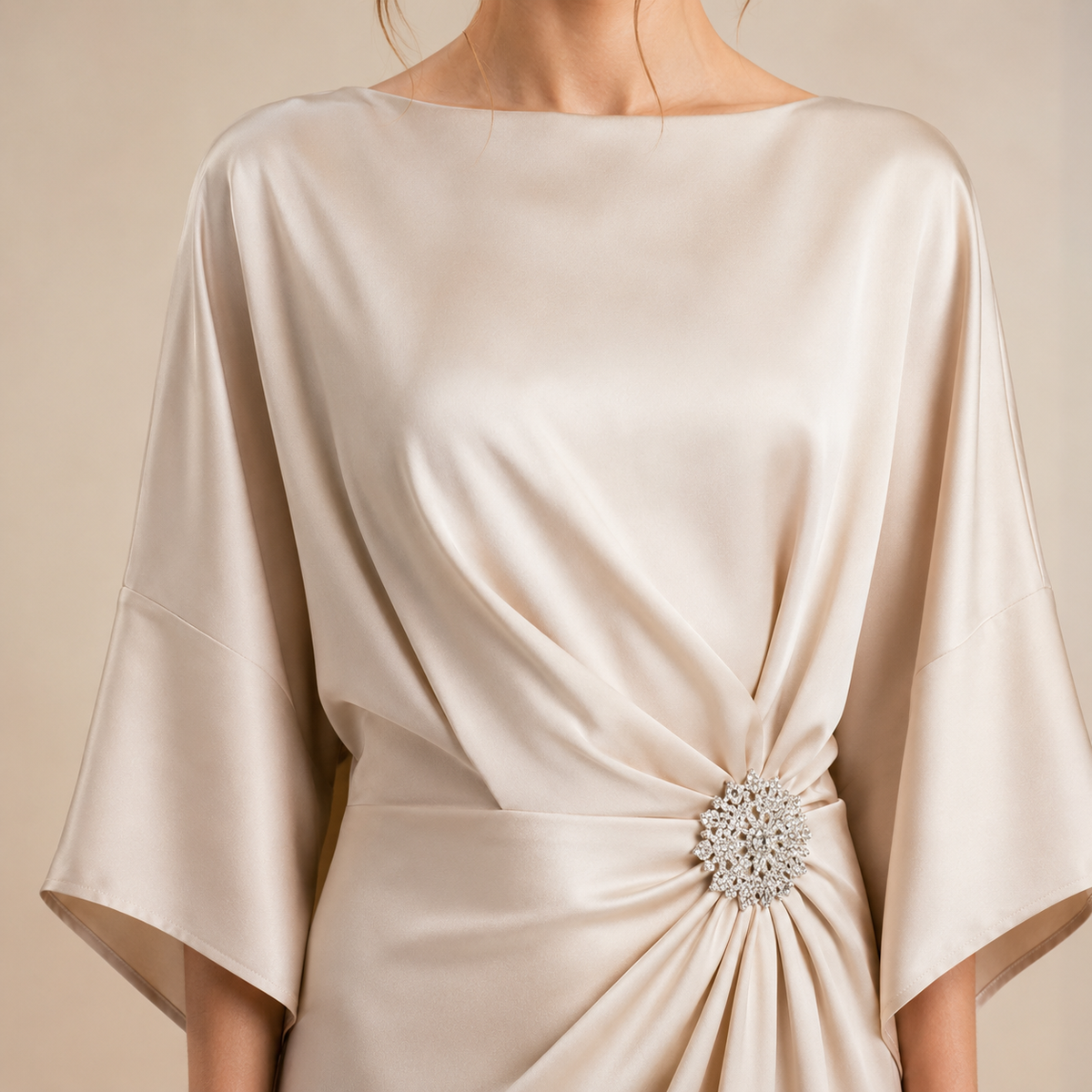 Round Neck Batwing Sleeve Brooch Ruched Satin Maxi Gown 11