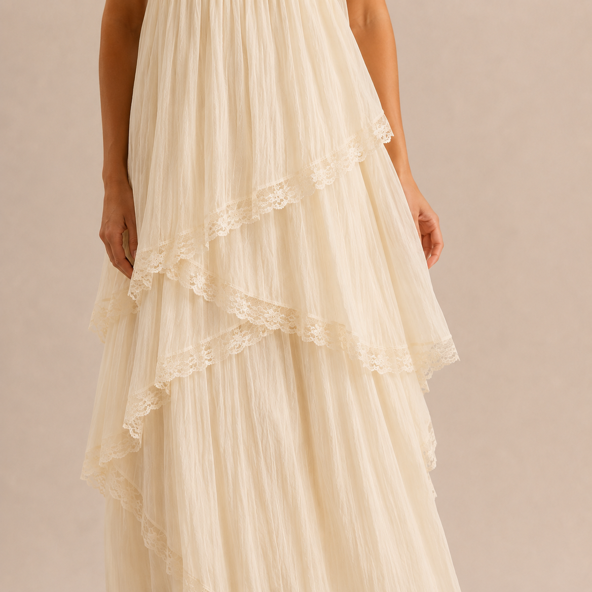 Strappy Lace Trim Tiered Flowy Maxi Dress 2