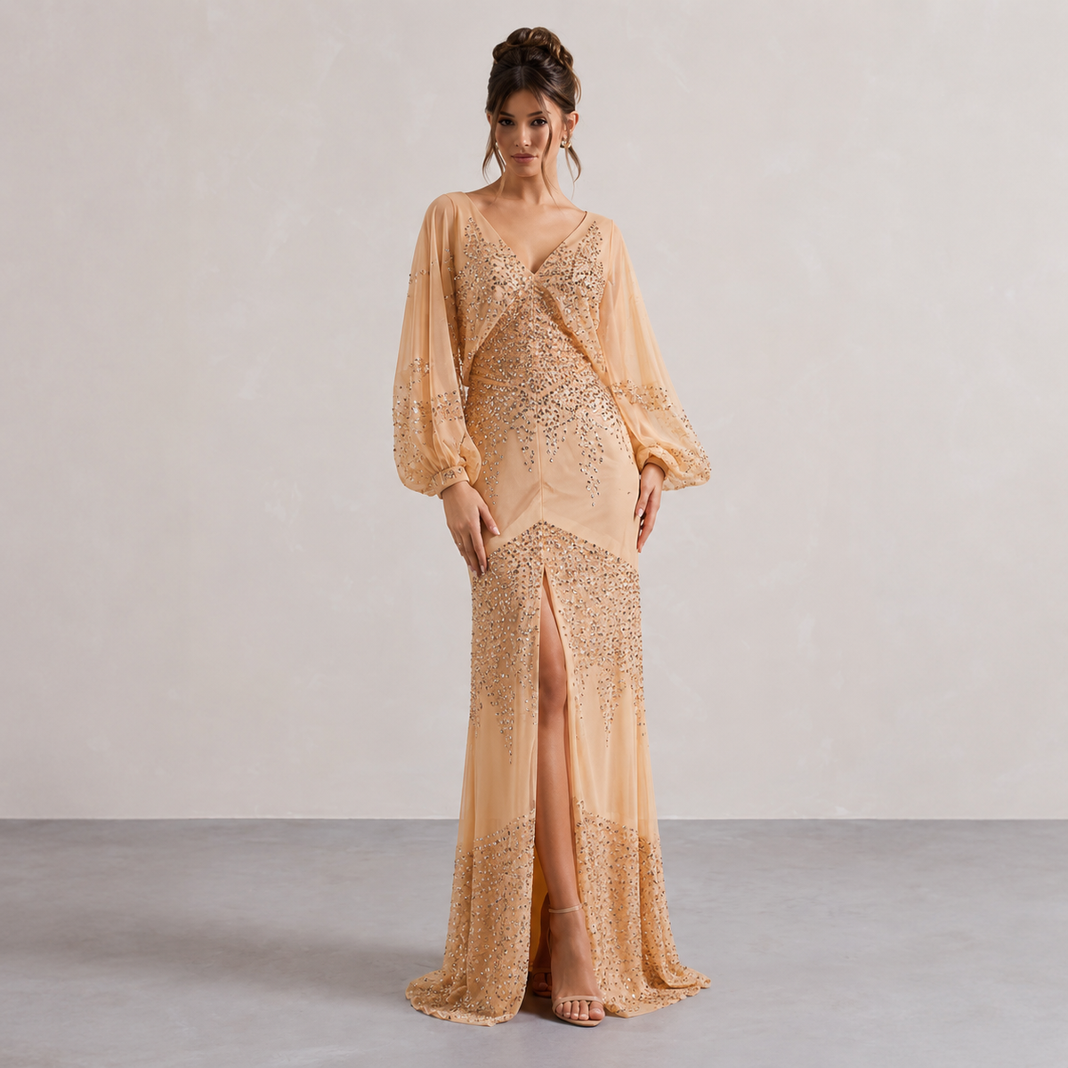 Sequin V-Neck Balloon Sleeve High Split Maxi Gown 13