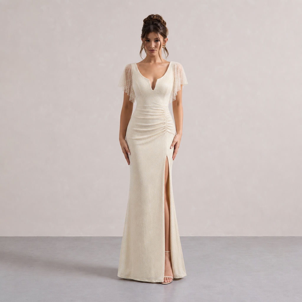 Sweetheart Flutter Sleeve Ruched High Split Glitter Maxi Gown 4