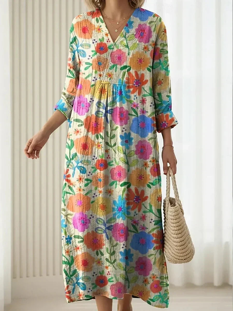 Notch Neck Roll Tab Sleeve Floral Print Midi Dress 2
