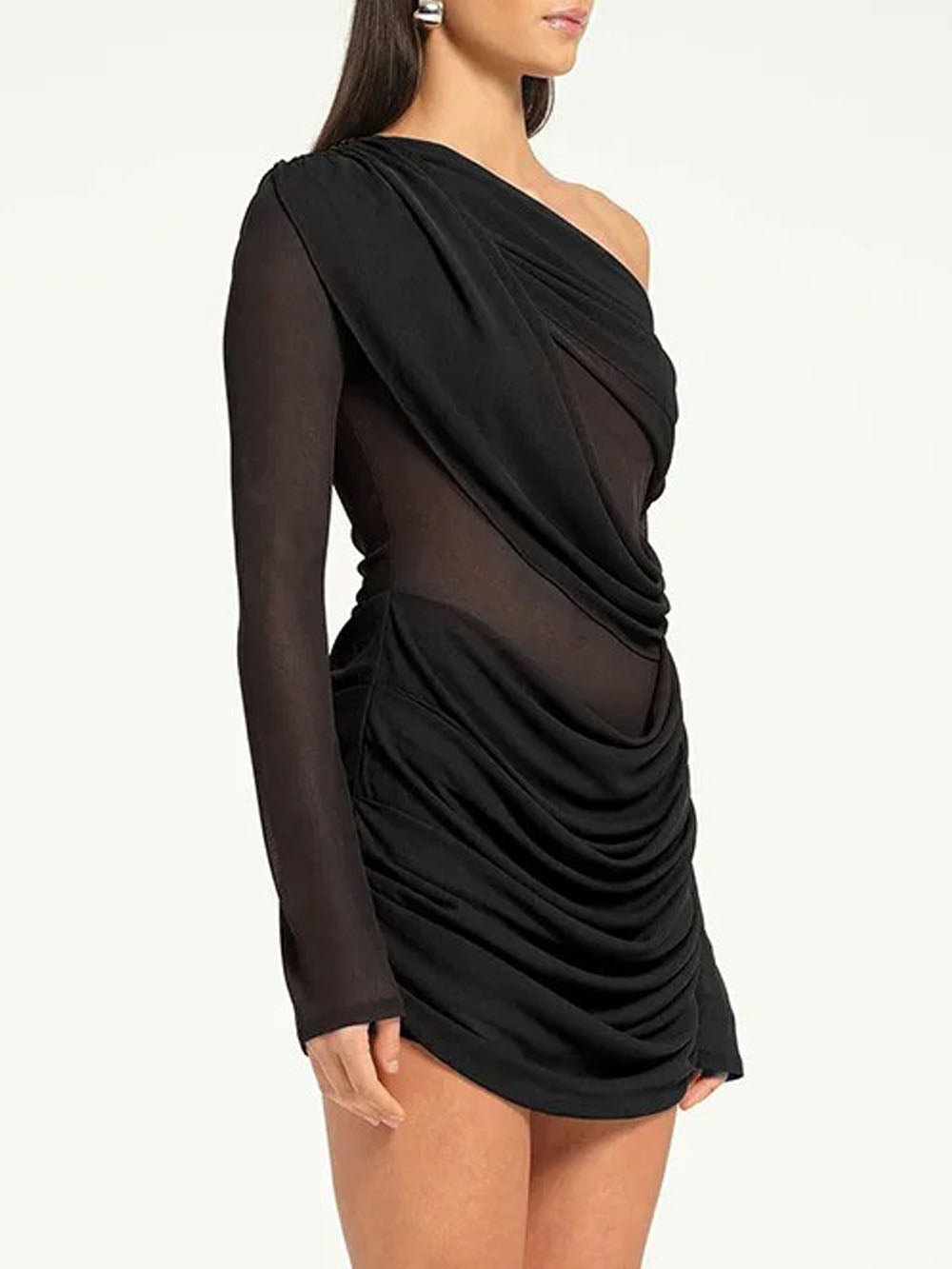 Ariana One Shoulder Mesh Mini Dress in Black - View 3