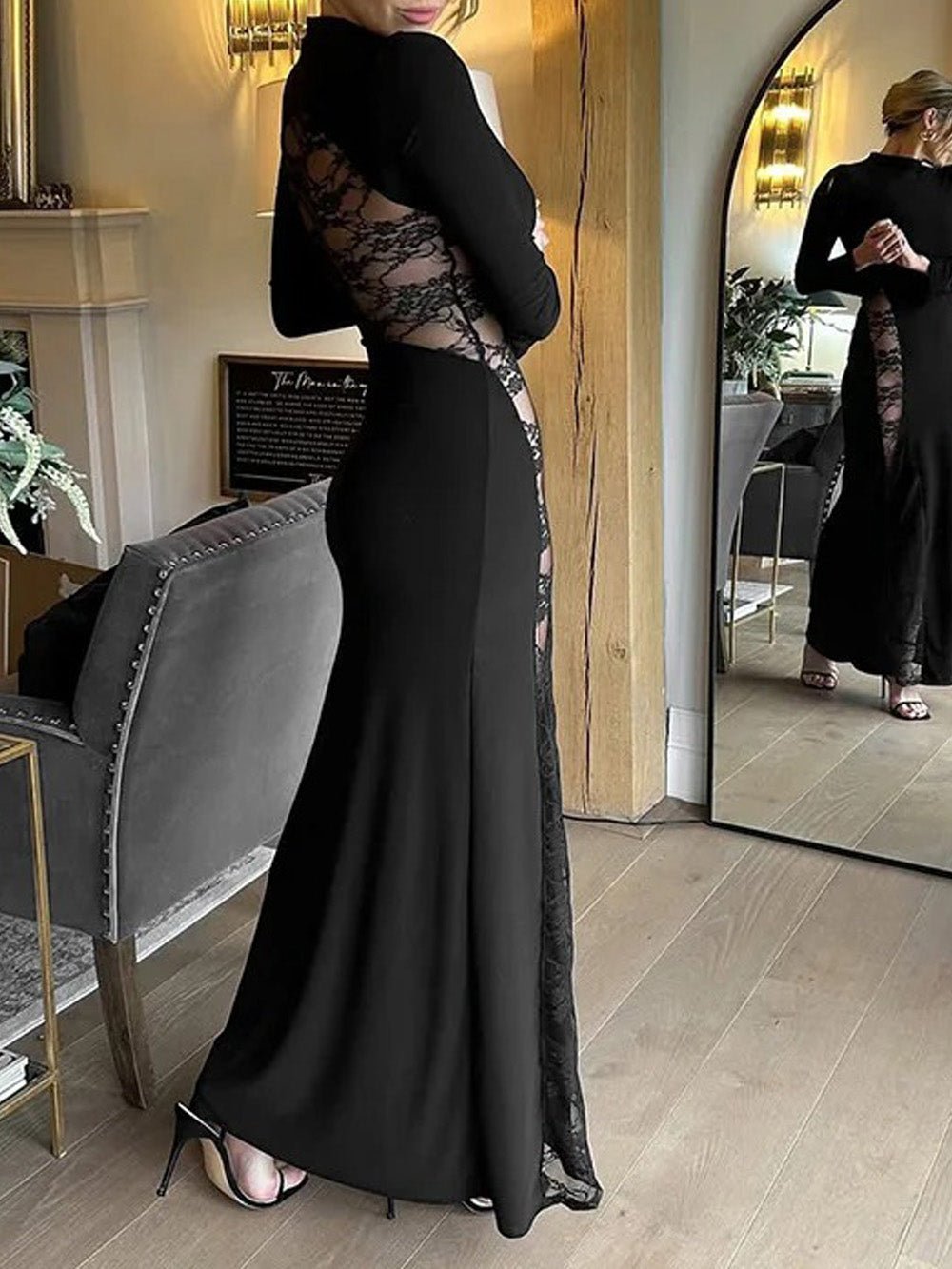 Ariana Sheer Lace Maxi Dress in Black - View 3