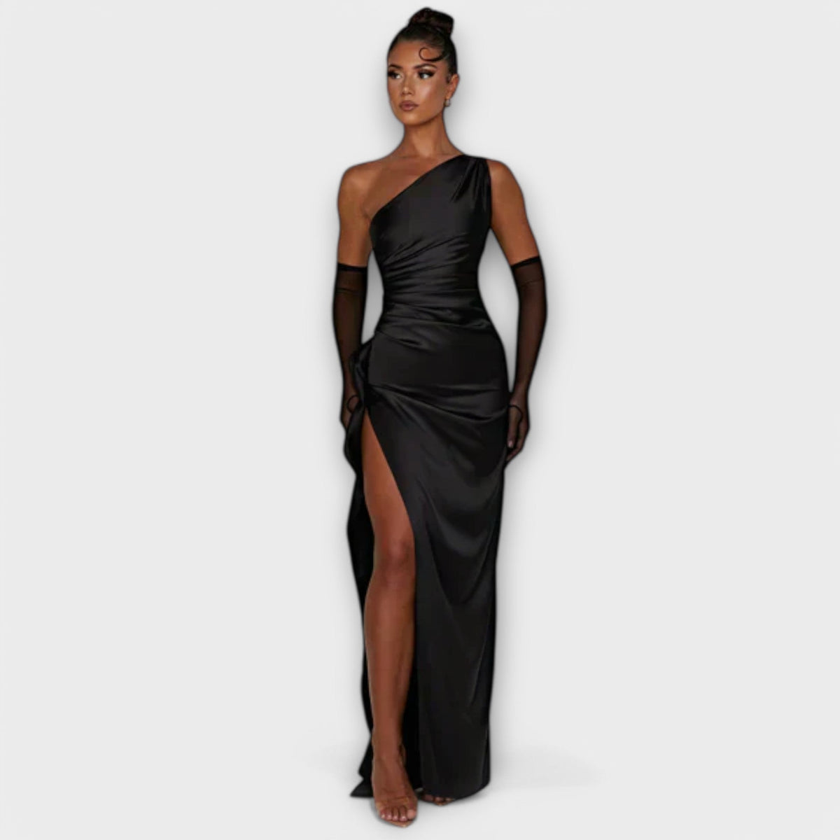 One Shoulder Ruched High Split Satin Maxi Dress 2