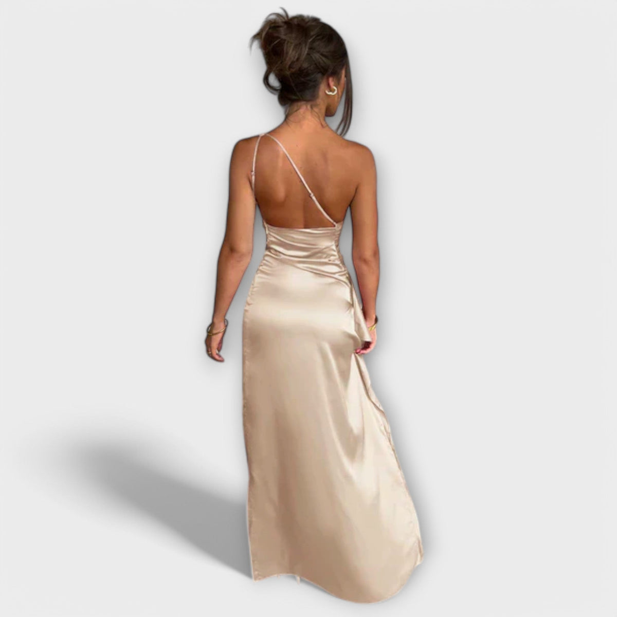 One Shoulder Ruched High Split Satin Maxi Dress 3