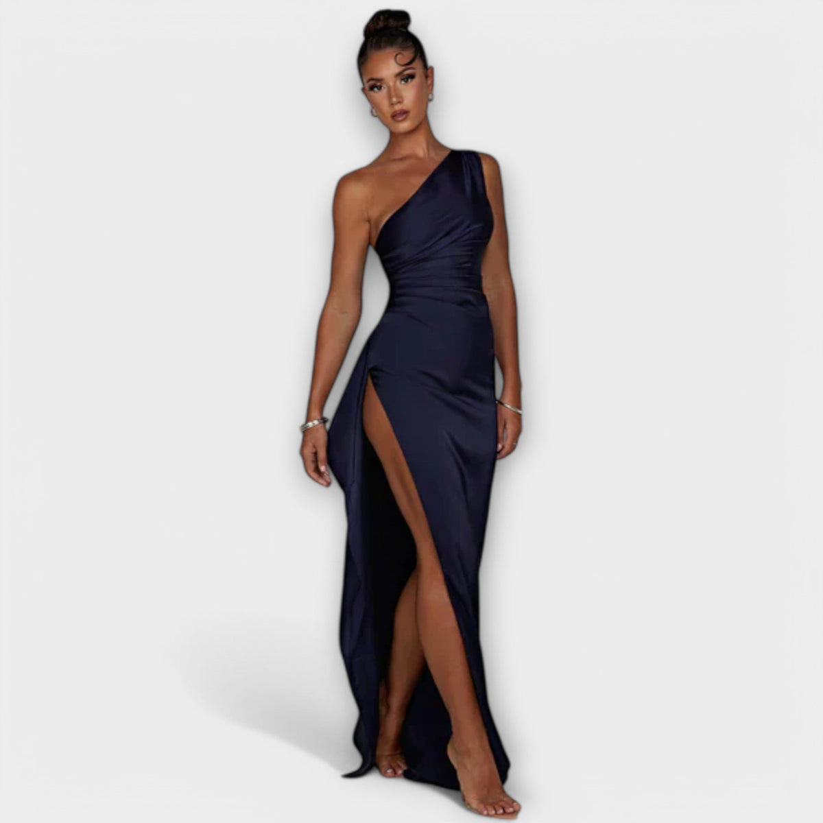One Shoulder Ruched High Split Satin Maxi Dress 6