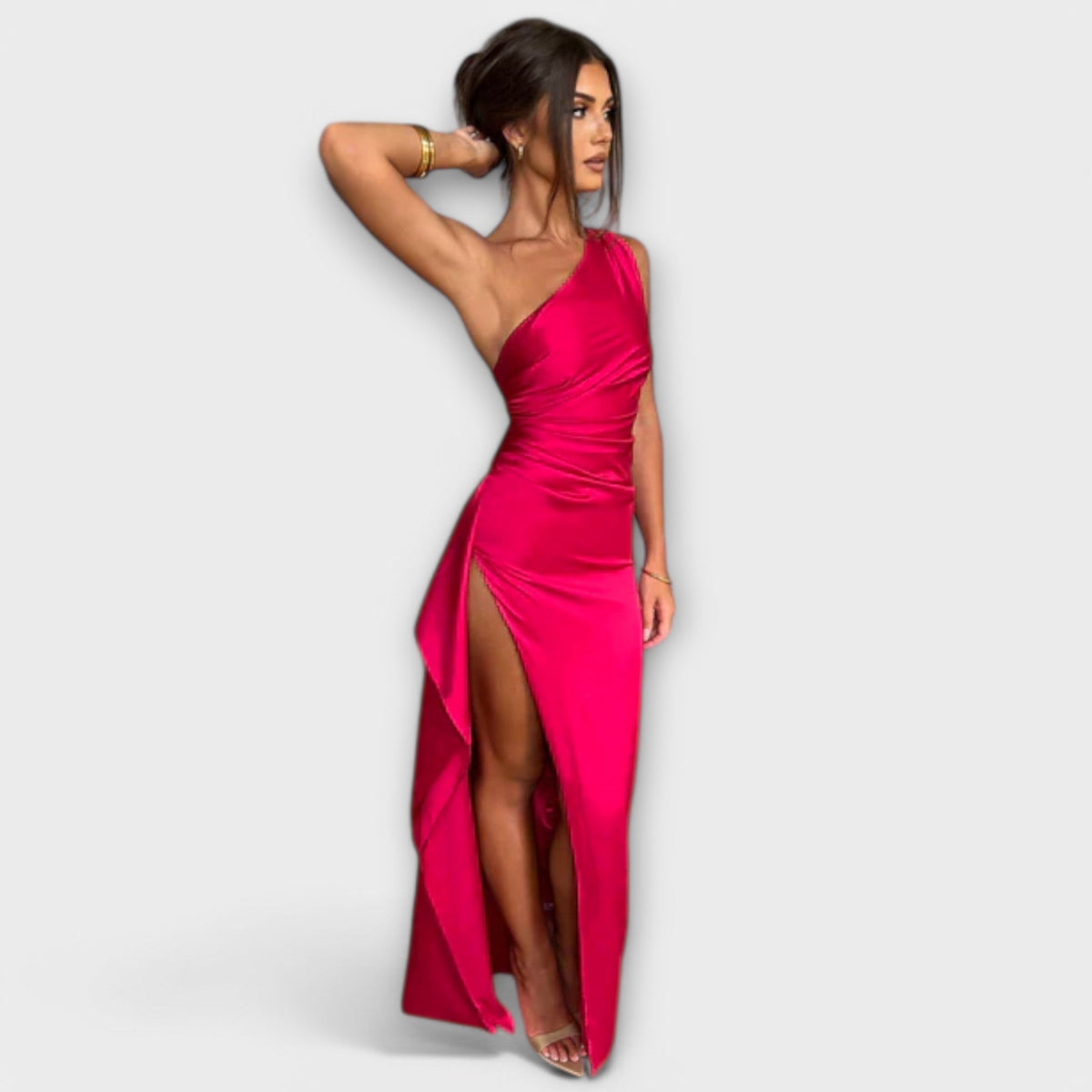 One Shoulder Ruched High Split Satin Maxi Dress 4