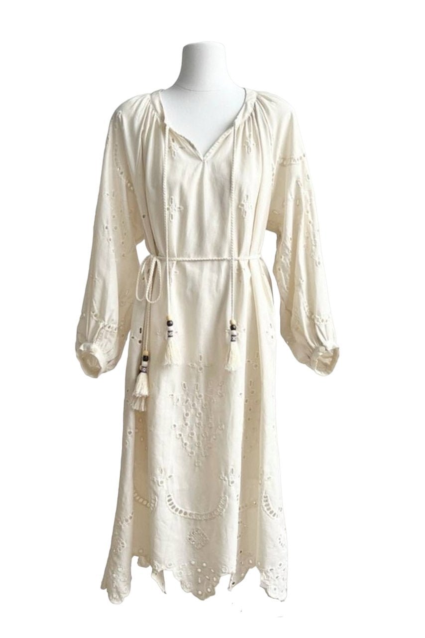 Eyelet Embroidery Tie Front Balloon Sleeve Midi Dress - View 6