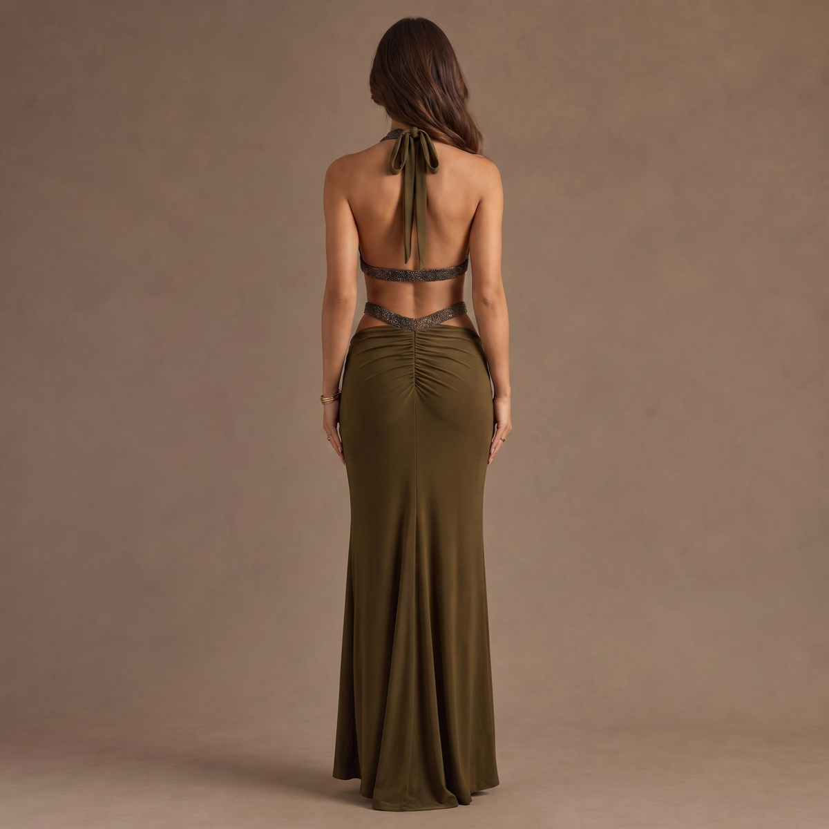 Halter Neck Rhinestone Trim Cut Out Ruched Maxi Dress 3