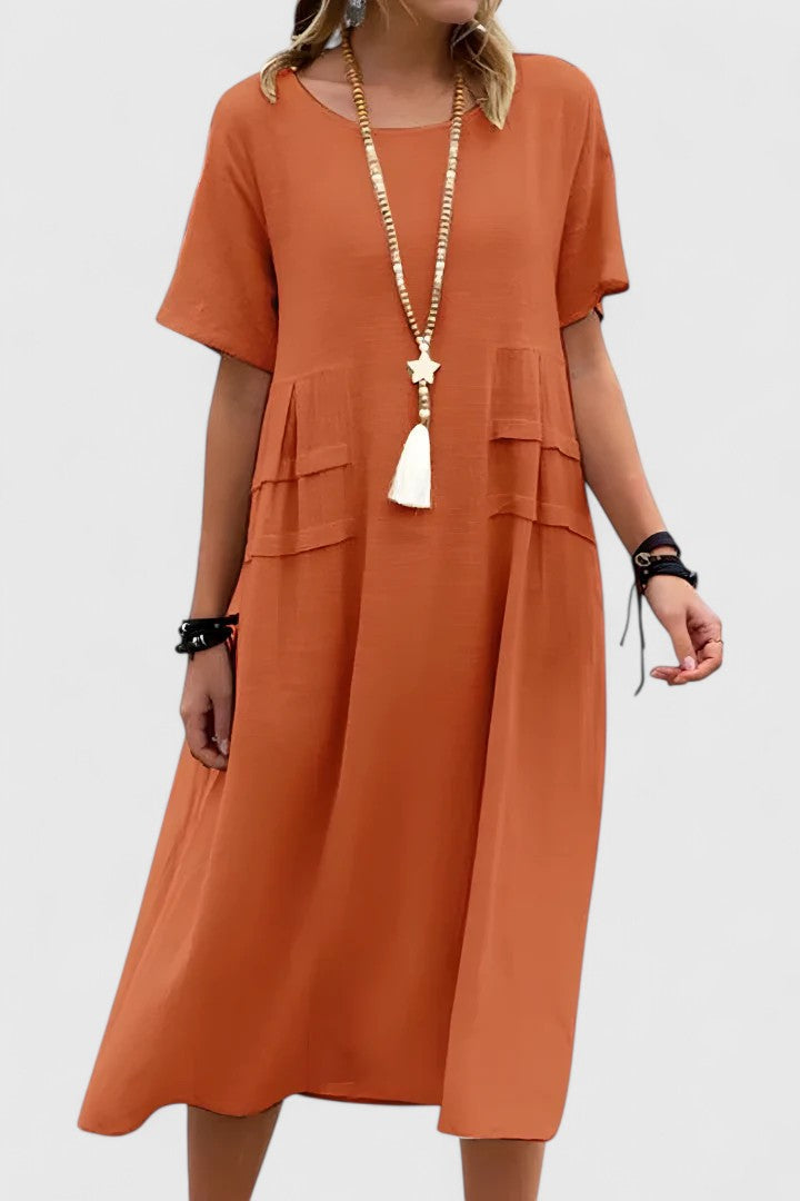 Round Neck Short Sleeve Pocket Midi Dress 3