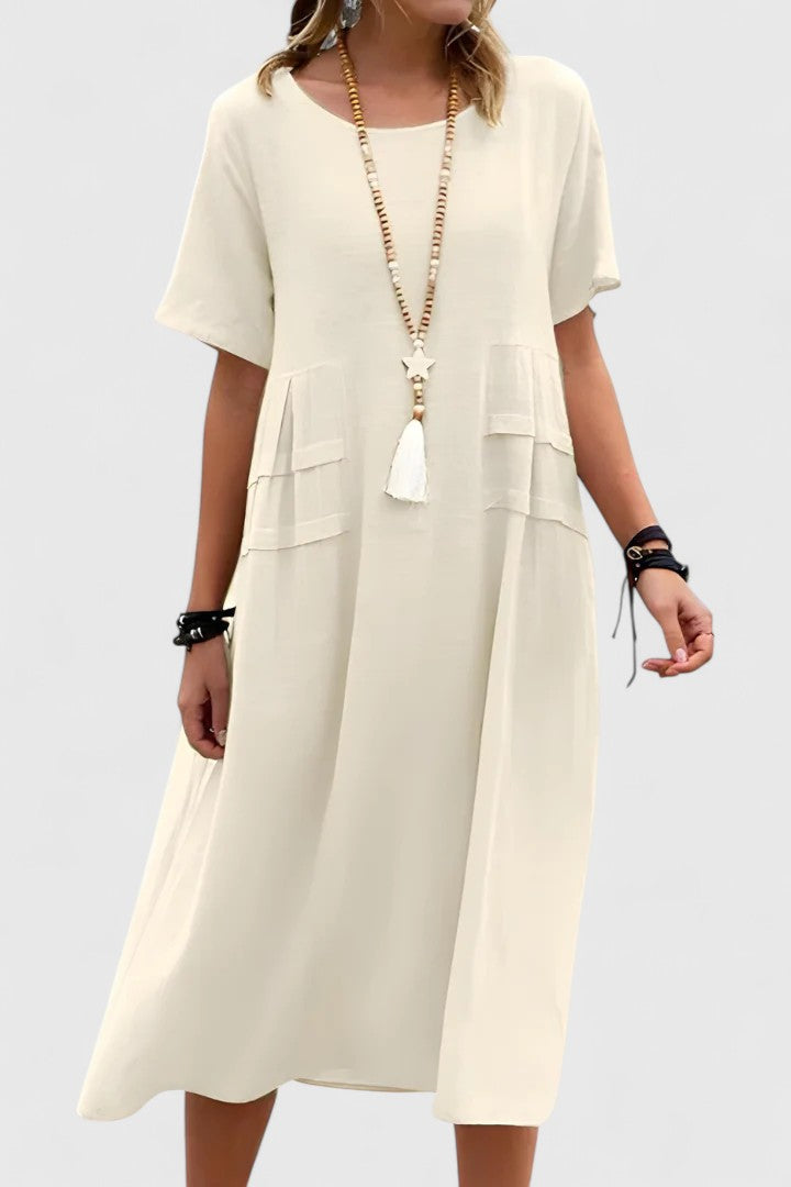 Round Neck Short Sleeve Pocket Midi Dress 2