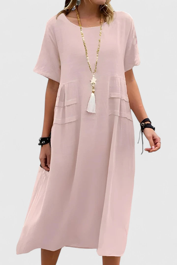 Round Neck Short Sleeve Pocket Midi Dress 5