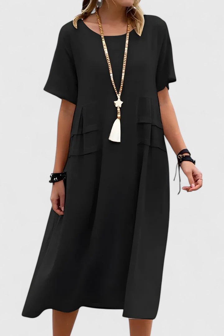 Round Neck Short Sleeve Pocket Midi Dress 4