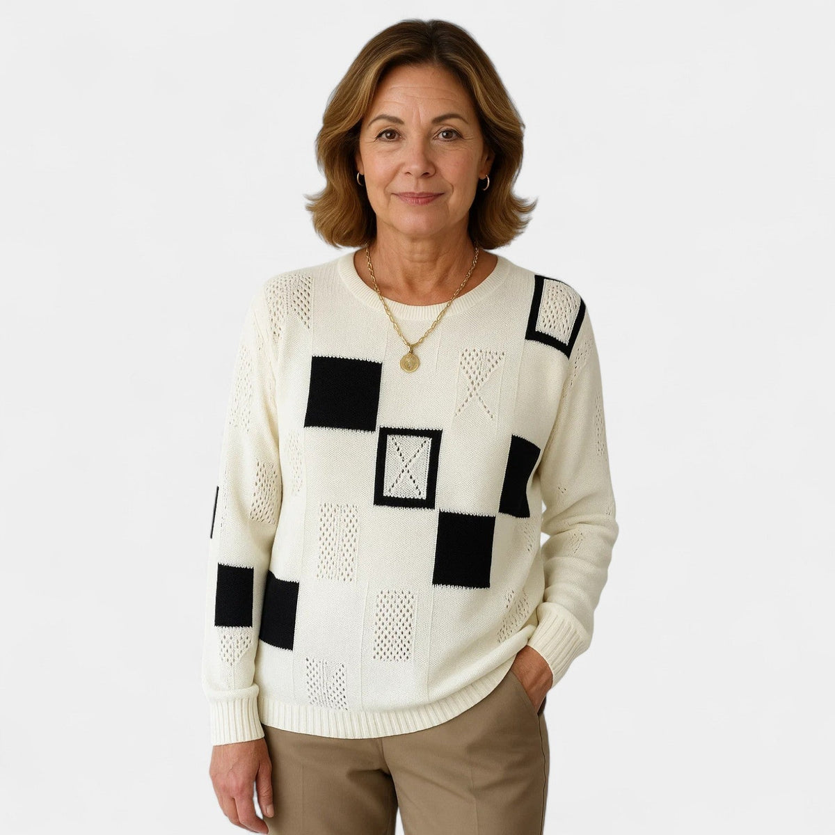Crew Neck Patchwork Pointelle Knit Sweater