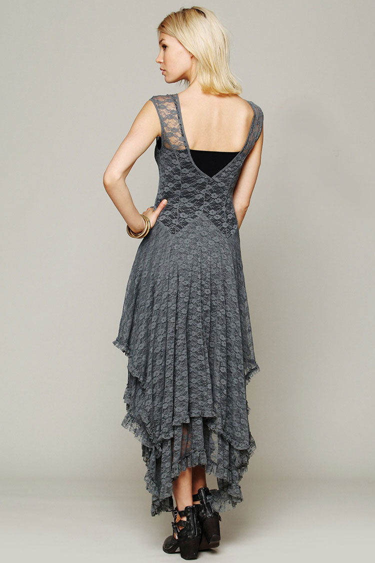 Asymmetric Tiered Ruffle Sleeveless Maxi Lace Dress - Gray - View 2