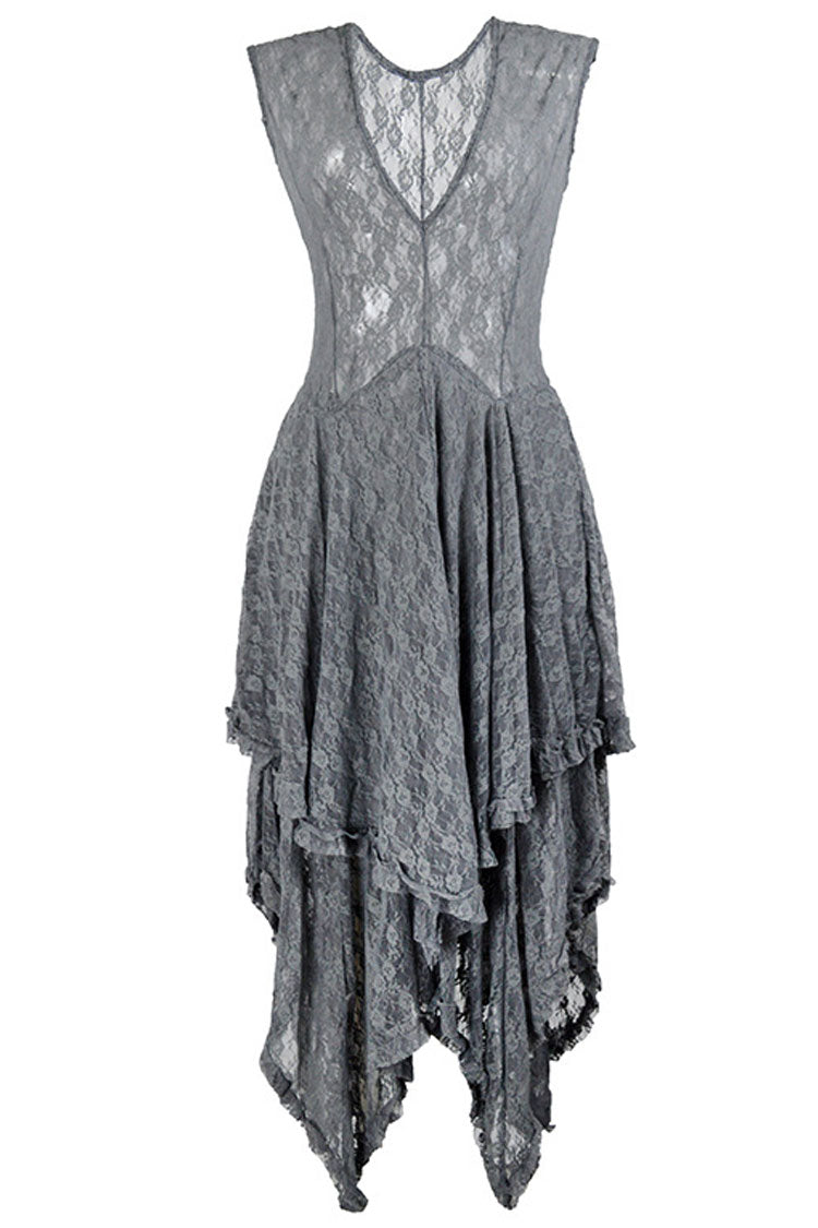 Asymmetric Tiered Ruffle Sleeveless Maxi Lace Dress - Gray - View 3