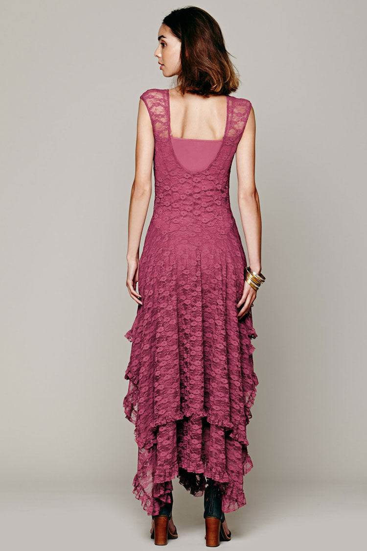 Asymmetric Tiered Ruffle Sleeveless Maxi Lace Dress - Mauve - View 2