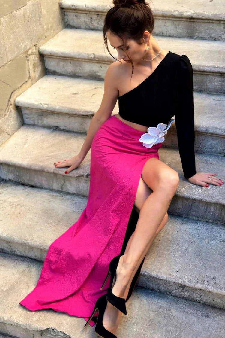 One Shoulder Long Sleeve Flower Applique High Split Maxi Gown - View 3