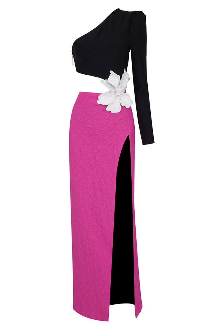 One Shoulder Long Sleeve Flower Applique High Split Maxi Gown - View 5