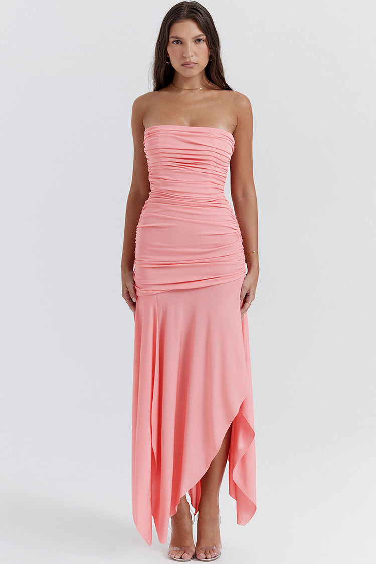 Asymmetrical Ruched Strapless Bodycon Cocktail Dress - Pink - View 2