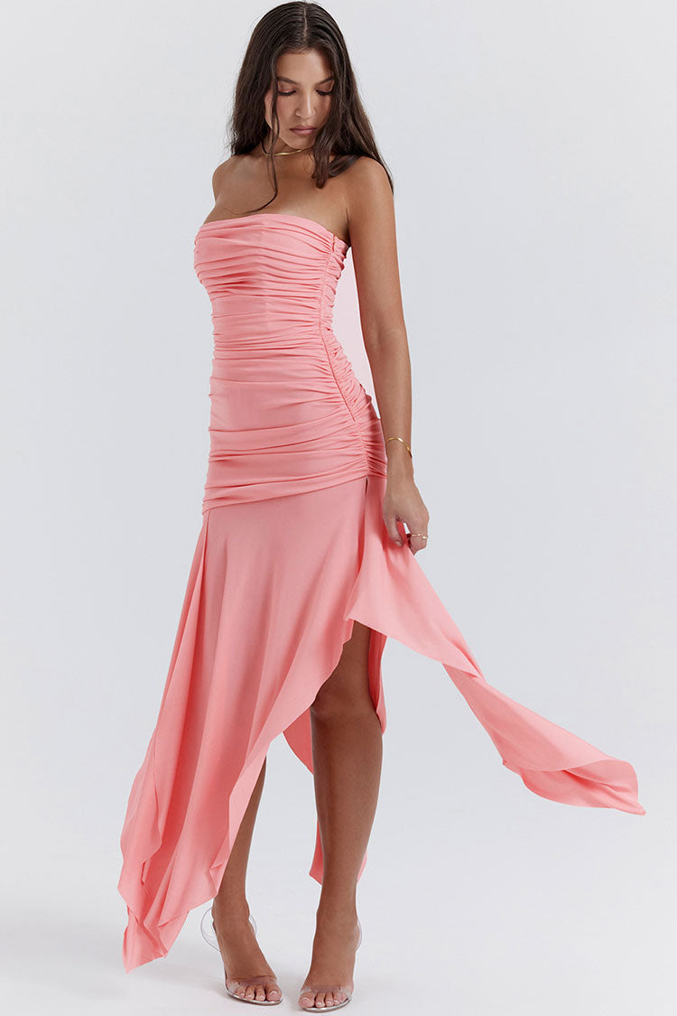 Asymmetrical Ruched Strapless Bodycon Cocktail Dress - Pink - View 4