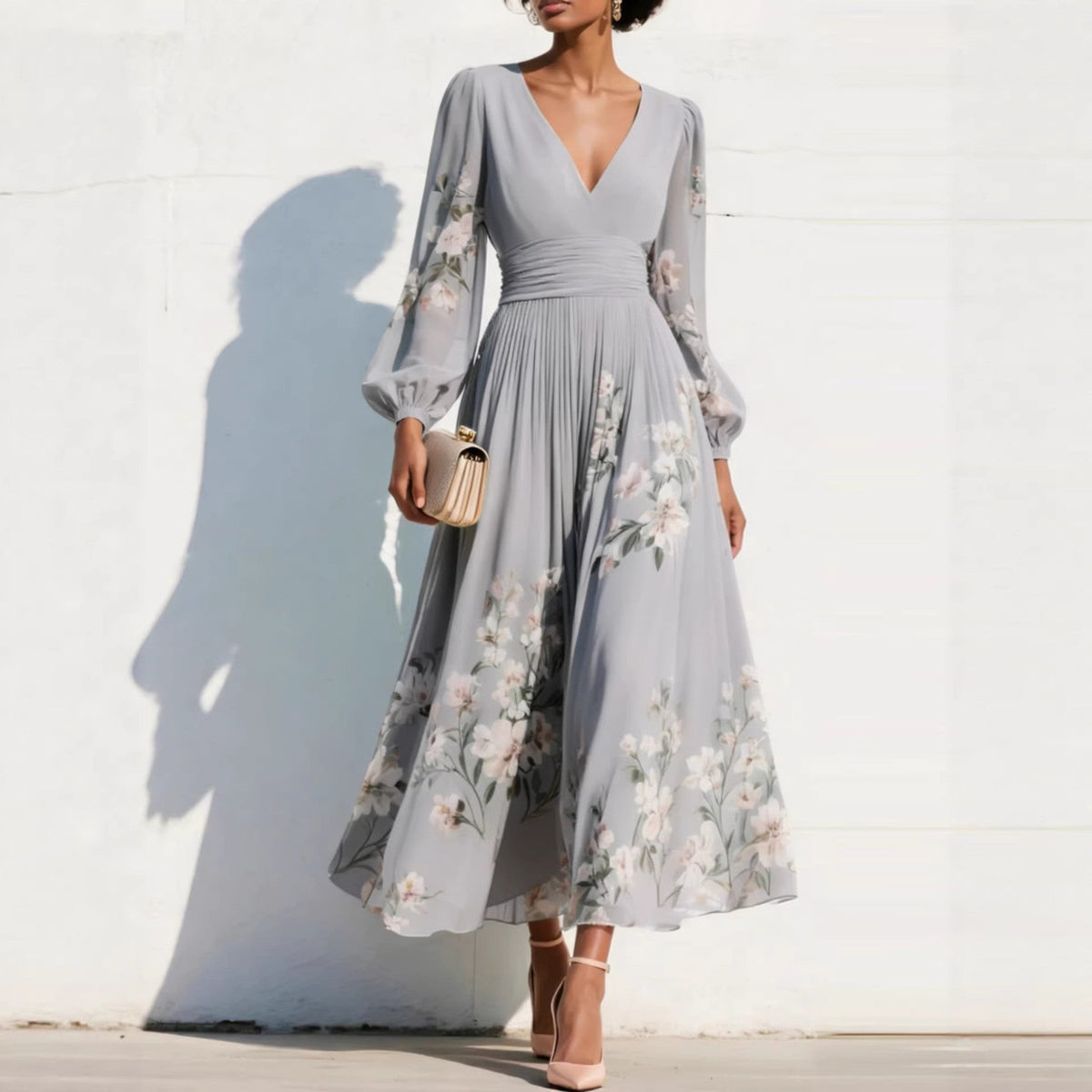 Floral Print Deep V-Neck Long Sleeve Pleated Maxi Dress 8