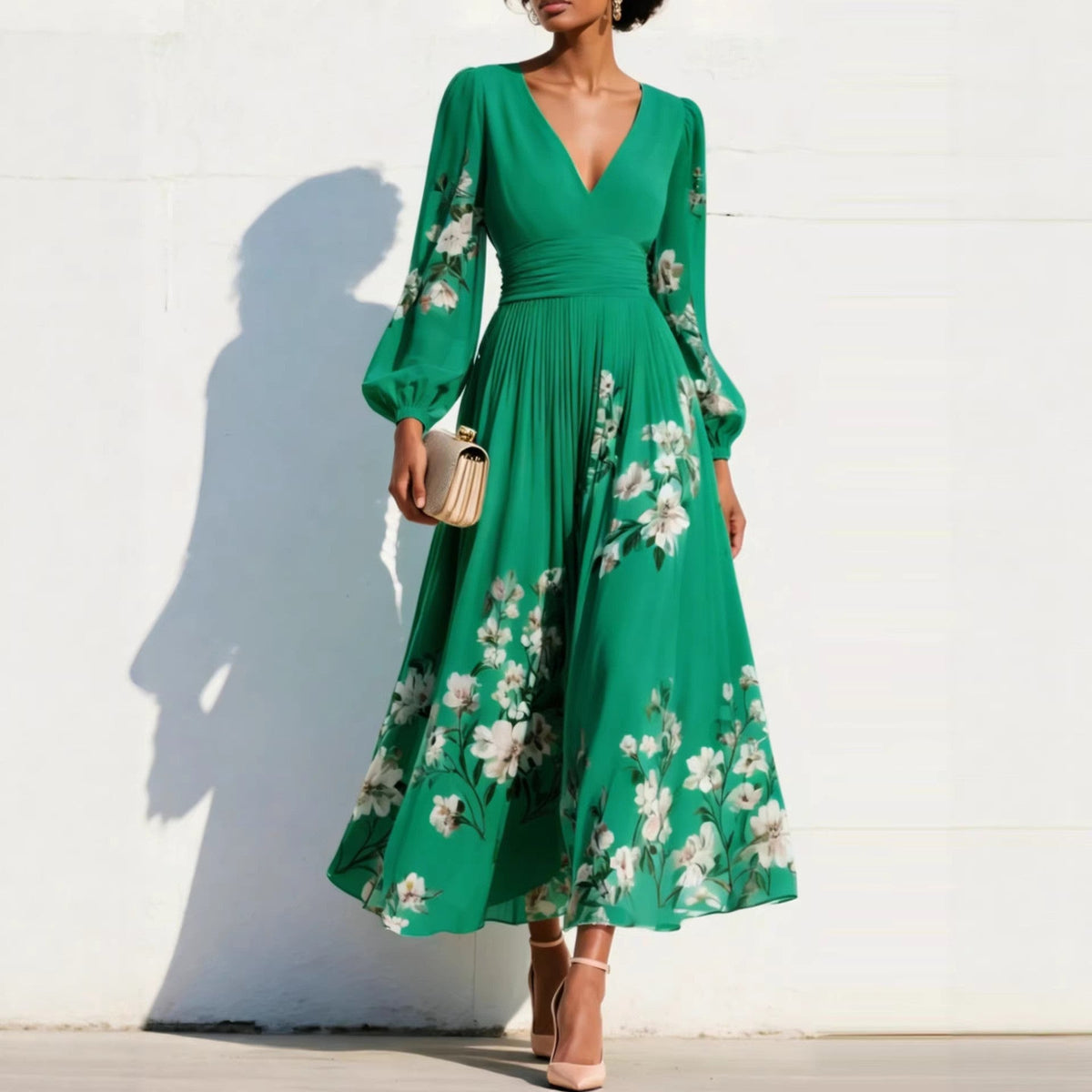 Floral Print Deep V-Neck Long Sleeve Pleated Maxi Dress 9