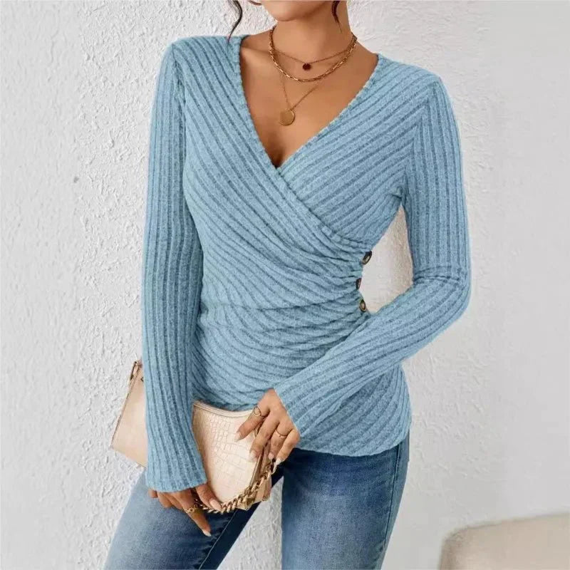 Ribbed Knit Surplice V-Neck Long Sleeve Wrap Top 5