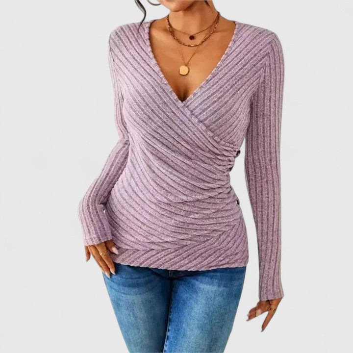 Ribbed Knit Surplice V-Neck Long Sleeve Wrap Top 6