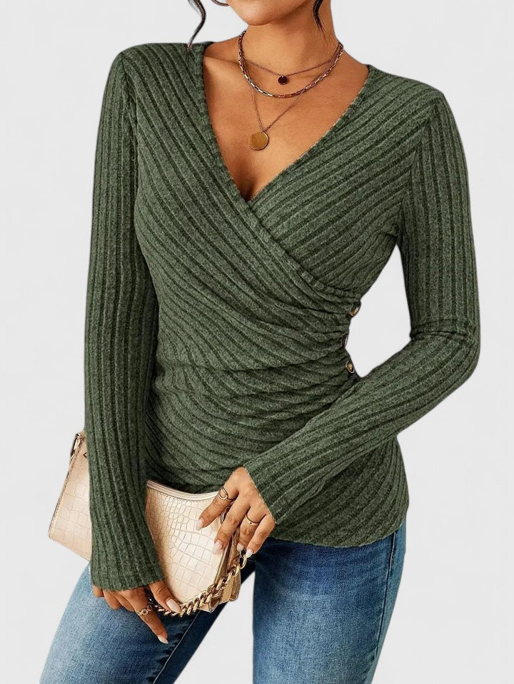 Ribbed Knit Surplice V-Neck Long Sleeve Wrap Top 7
