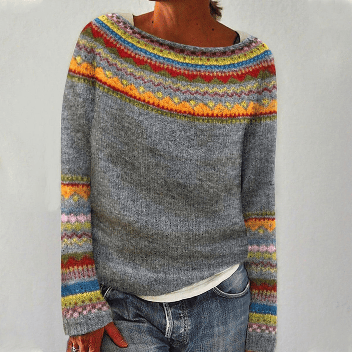 Fair Isle Boat Neck Long Sleeve Knit Pullover Sweater