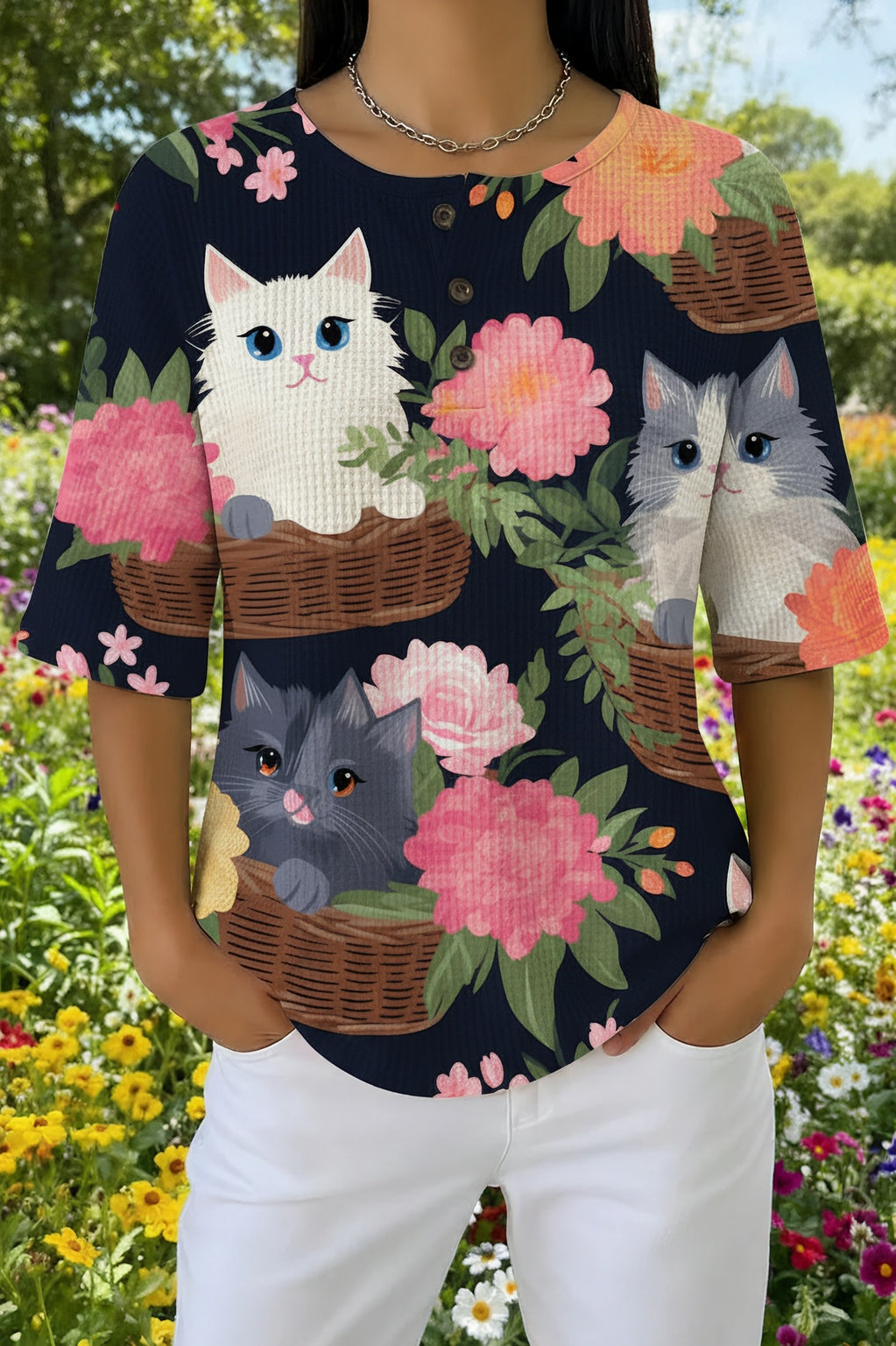 Cats in Basket Floral Print Round Neck Half Sleeve Waffle Top