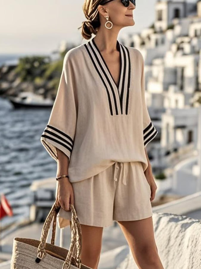 Contrast Stripe V-Neck Top and Drawstring Shorts Two Piece Set