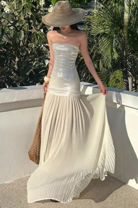Sequin Strapless Drop Waist Flowy A-Line Maxi Gown - View 3