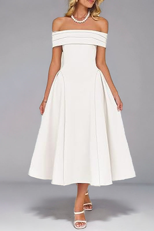 Off Shoulder Pleated Fit and Flare Midi Party Dress - View 5