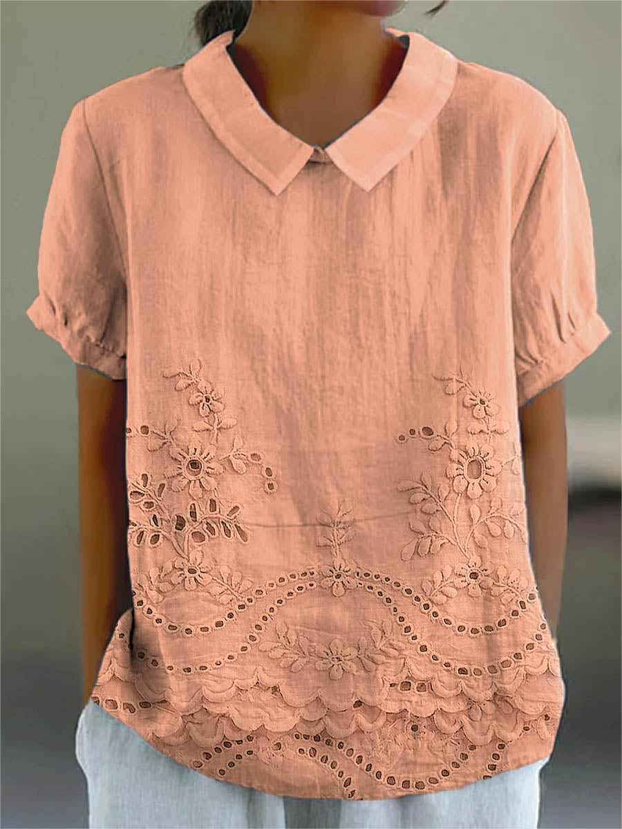 Collared Short Sleeve Eyelet Embroidered Scalloped Hem Blouse 7