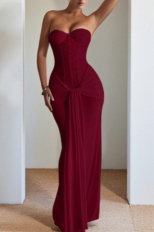 Strapless Sweetheart Sequin Corset Draped Waist Formal Gown - View 10