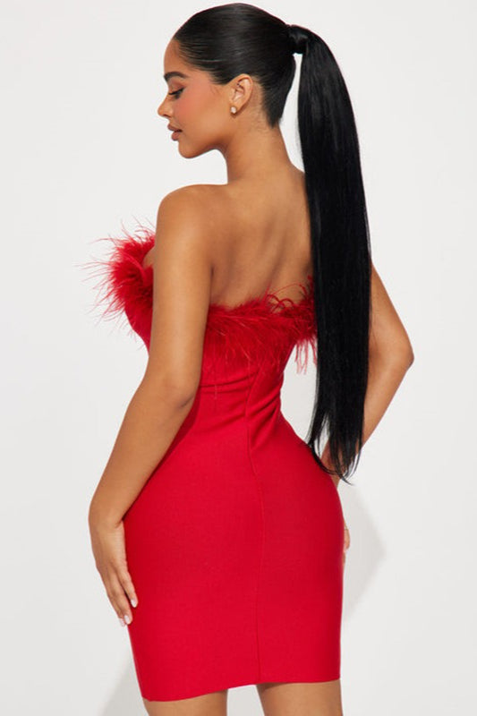 Feather Trim Strapless Party Dress - View 6