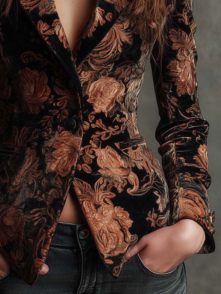Floral Brocade Velvet Single Button Blazer 4