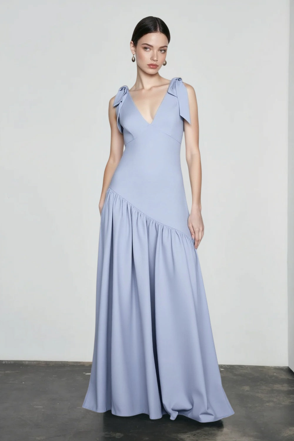 V-Neck Bow Strap Gathered Asymmetric Drop Waist Maxi Gown - View 6