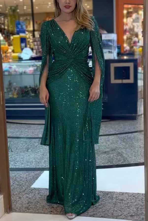 Sequin Deep V-Neck Cape Sleeve Twist Waist Maxi Dress - View 3