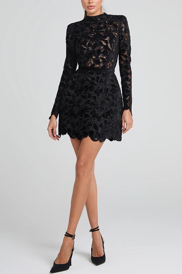 Floral Lace High Neck Long Sleeve Belted Mini Dress - View 4
