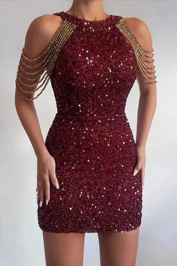 Sequin High Neck Tassel Shoulder Bodycon Mini Dress - View 3