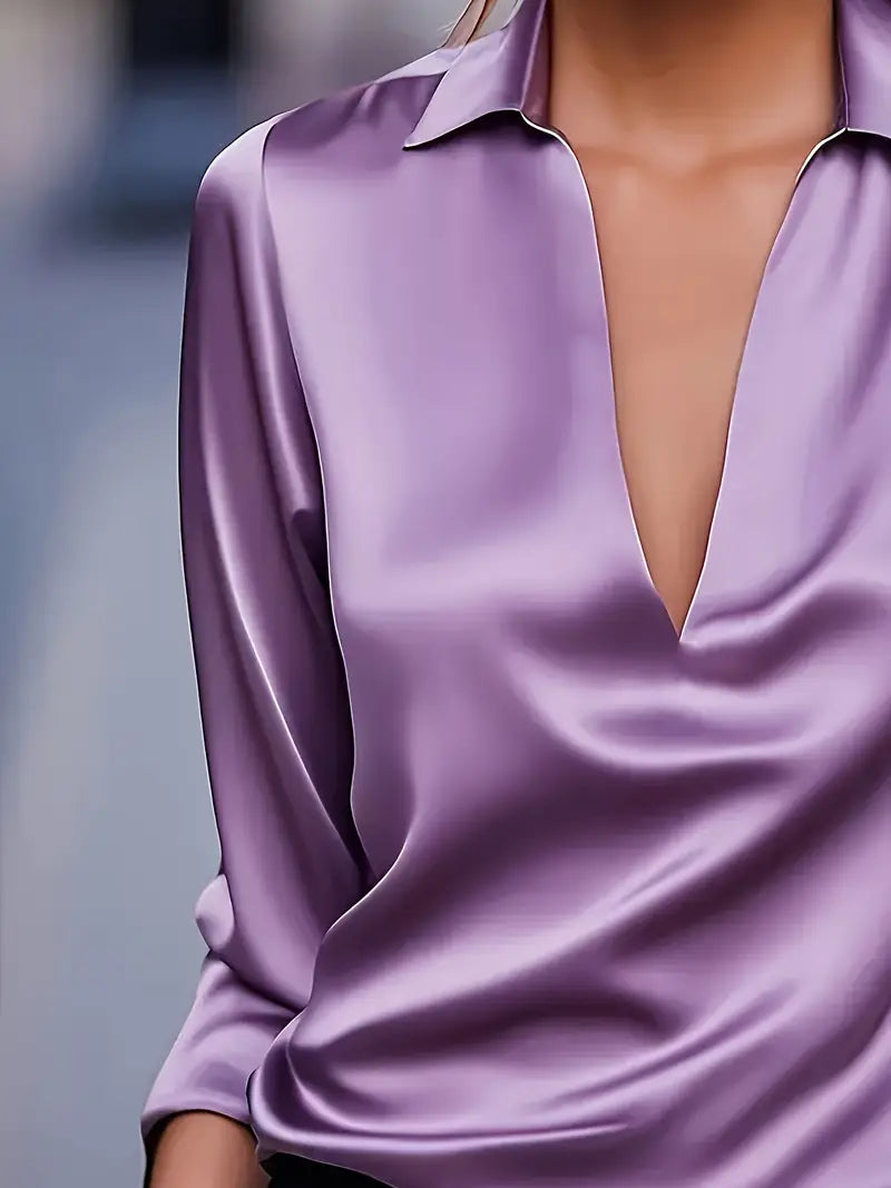 Collared Deep V-Neck Long Sleeve Satin Blouse 31