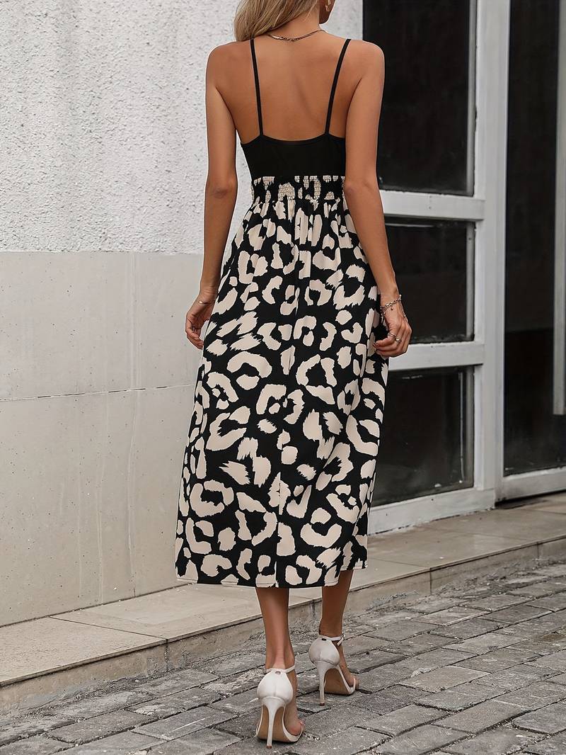 Leopard Print Spaghetti Strap Surplice Wrap Tie A-Line Midi Dress - View 5