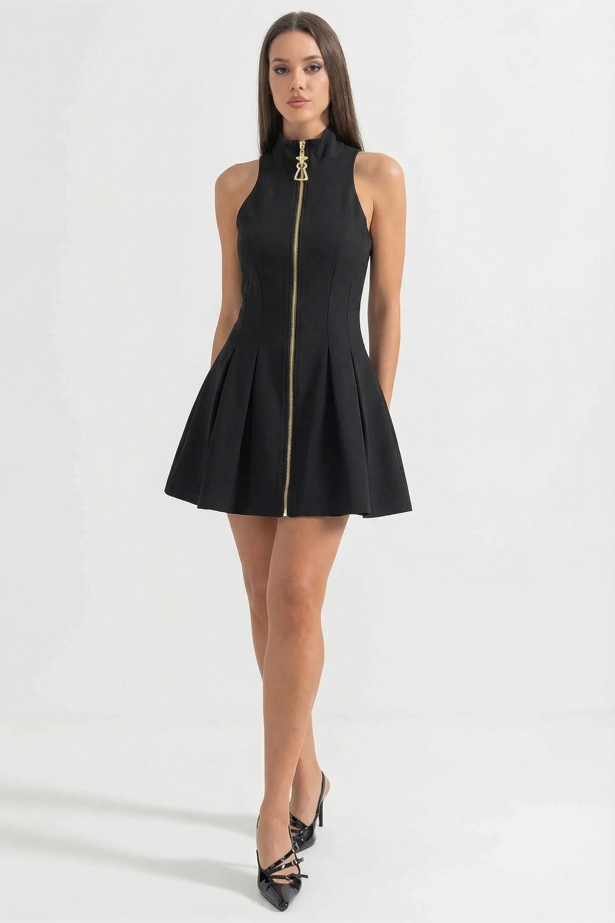 Sleeveless Mock Neck Exposed Zip Front Pleated Mini Dress - View 3